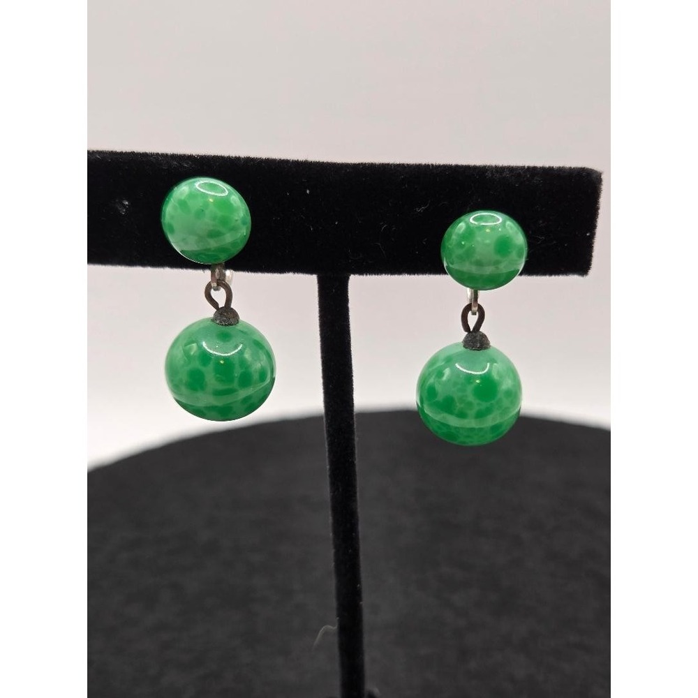 Vintage Green Faux Jade Lucite Bead Dangle Earrings Costume Jewelry Screw Back
